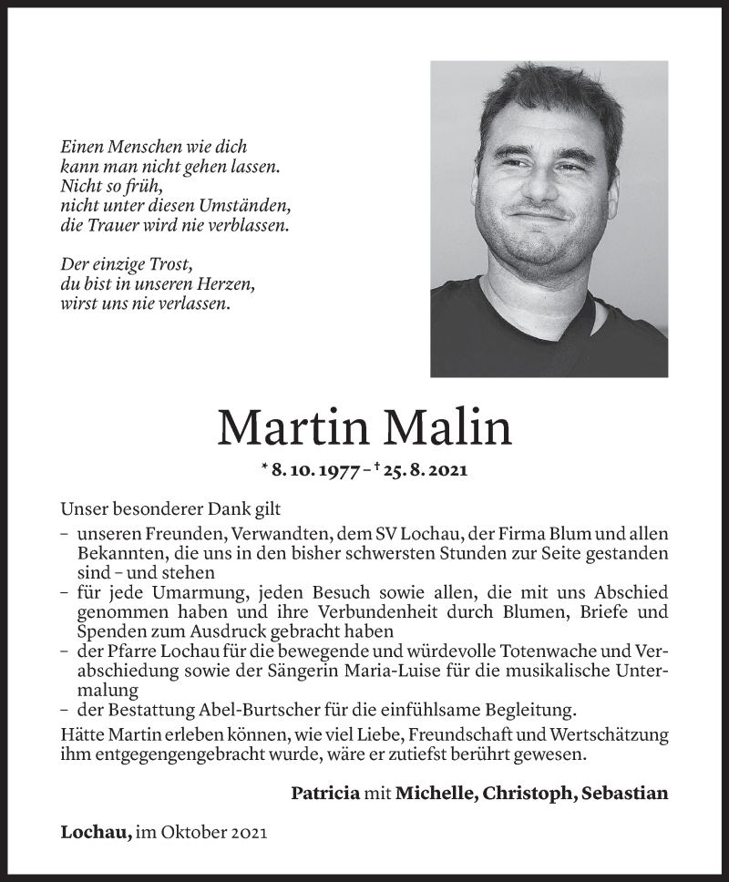  Todesanzeige für Martin Malin vom 08.10.2021 aus Vorarlberger Nachrichten