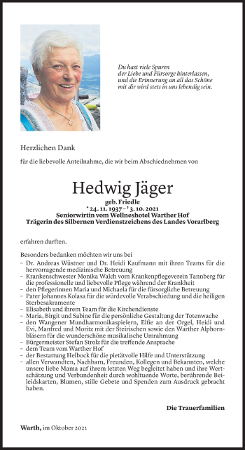 Todesanzeige von Hedwig Jäger von Vorarlberger Nachrichten