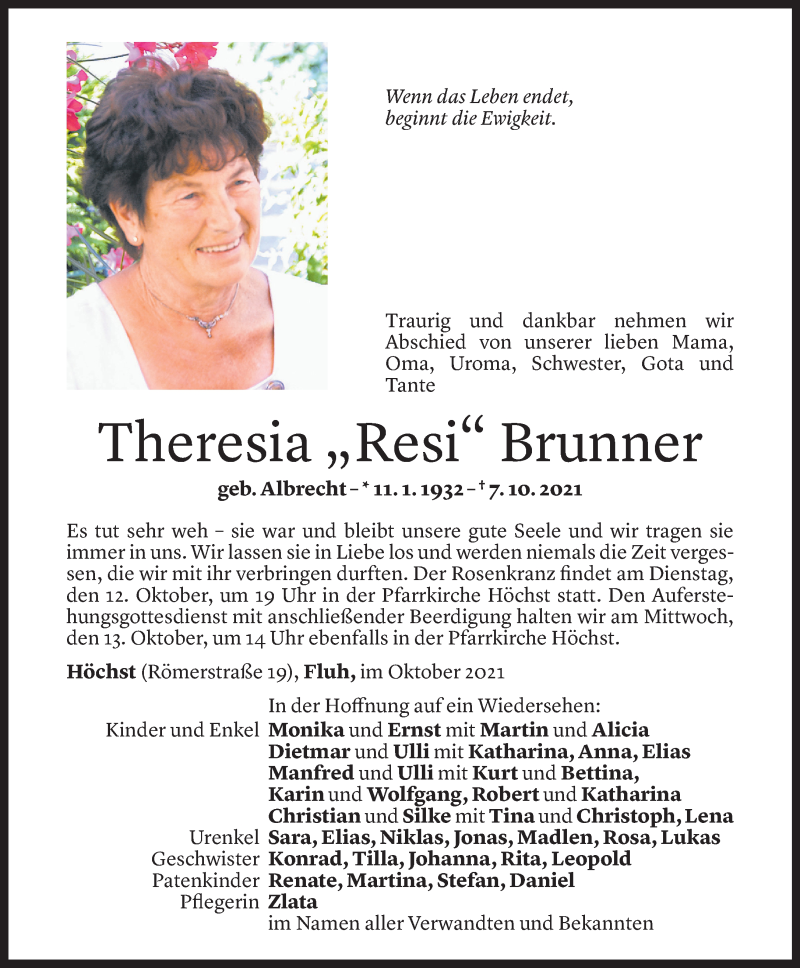  Todesanzeige für Theresia Brunner vom 10.10.2021 aus Vorarlberger Nachrichten