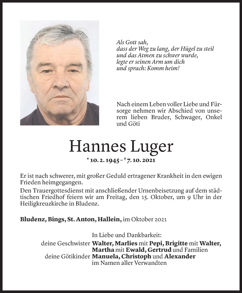  Todesanzeige für Hannes Luger vom 12.10.2021 aus Vorarlberger Nachrichten