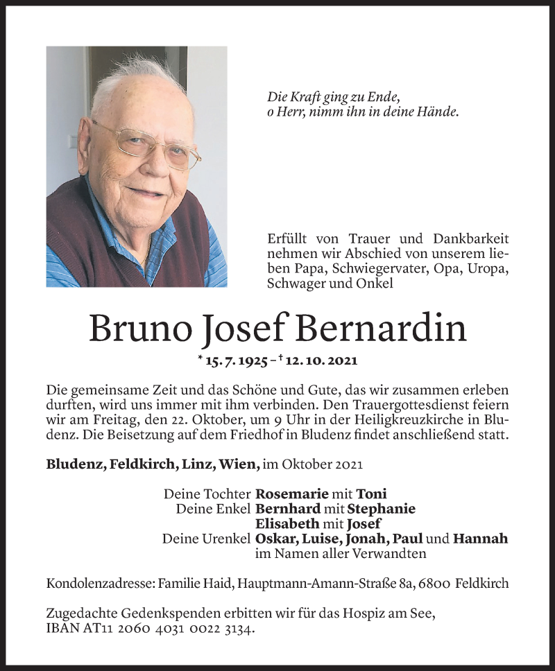  Todesanzeige für Bruno Josef Bernardin vom 15.10.2021 aus Vorarlberger Nachrichten