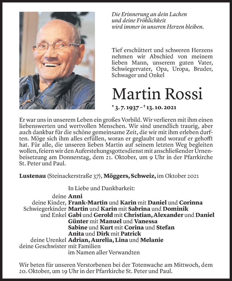  Todesanzeige für Martin Rossi vom 17.10.2021 aus Vorarlberger Nachrichten