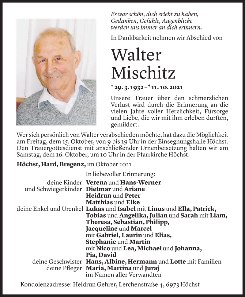  Todesanzeige für Walter Mischitz vom 12.10.2021 aus Vorarlberger Nachrichten
