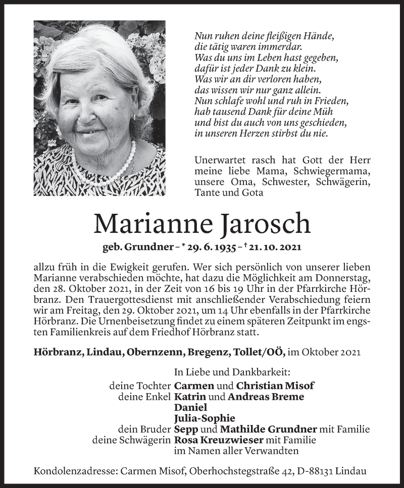  Todesanzeige für Marianne Jarosch vom 26.10.2021 aus Vorarlberger Nachrichten