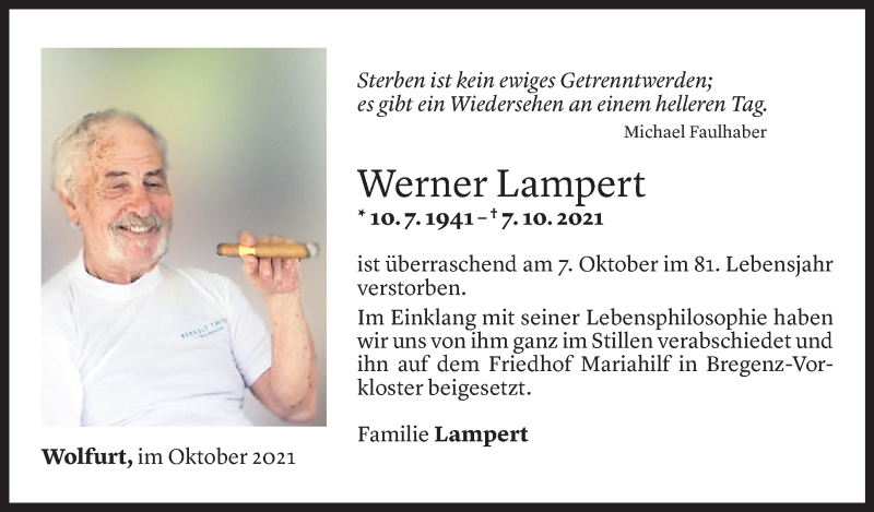  Todesanzeige für Werner Lampert vom 23.10.2021 aus Vorarlberger Nachrichten