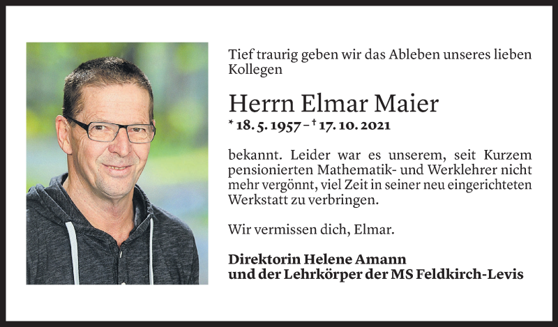  Todesanzeige für Elmar Maier vom 24.10.2021 aus Vorarlberger Nachrichten