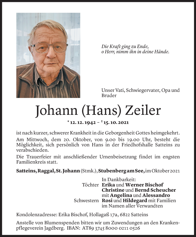  Todesanzeige für Johann Zeiler vom 19.10.2021 aus Vorarlberger Nachrichten