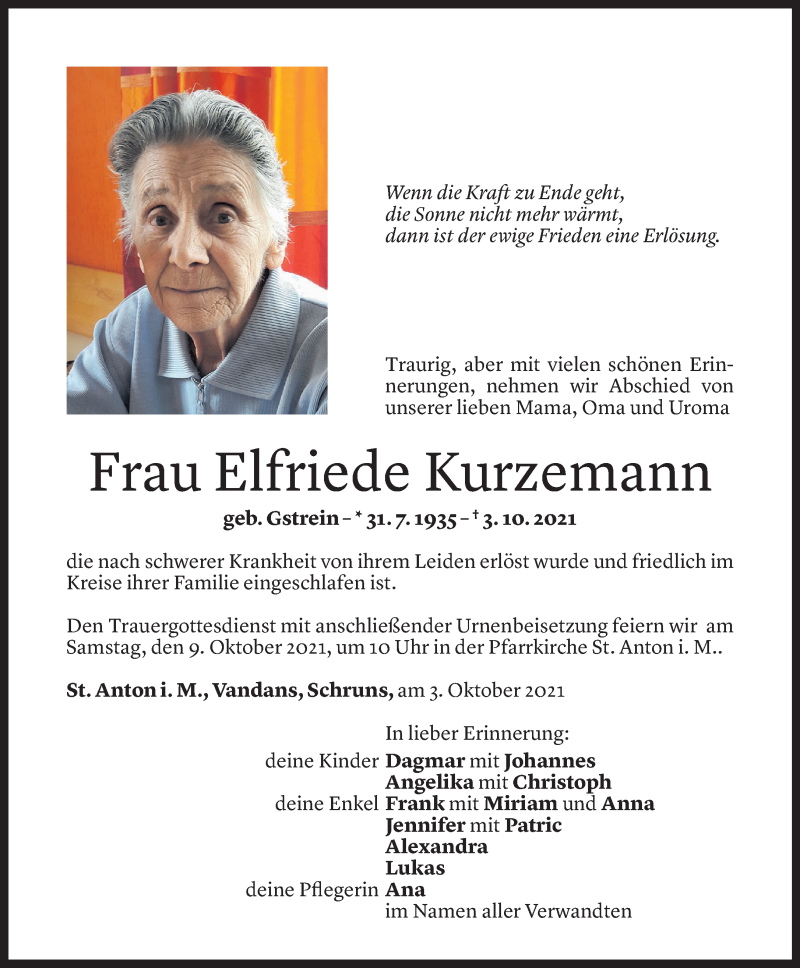  Todesanzeige für Elfriede Kurzemann vom 06.10.2021 aus Vorarlberger Nachrichten