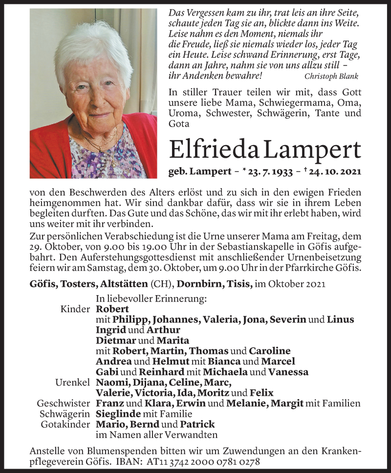  Todesanzeige für Elfrieda Lampert vom 27.10.2021 aus Vorarlberger Nachrichten