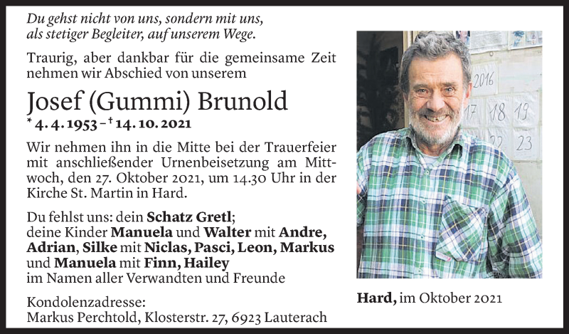  Todesanzeige für Josef Brunold vom 22.10.2021 aus Vorarlberger Nachrichten