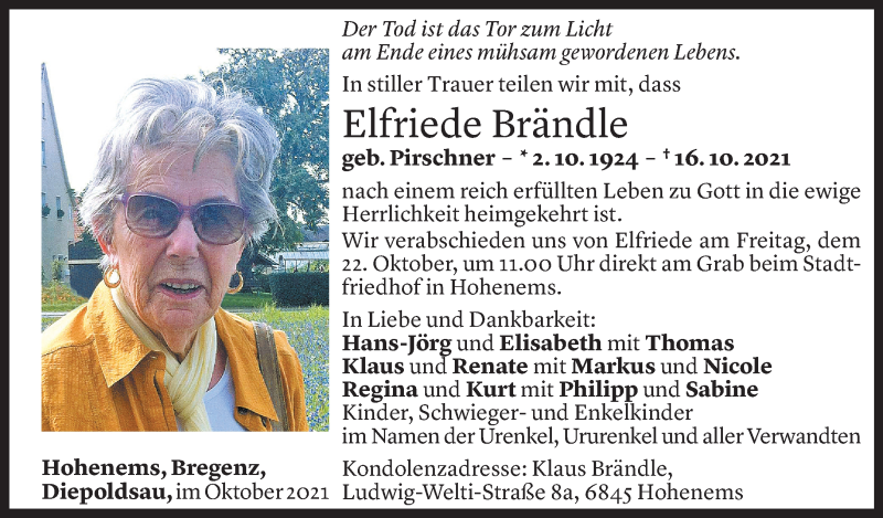  Todesanzeige für Elfriede Brändle vom 19.10.2021 aus Vorarlberger Nachrichten