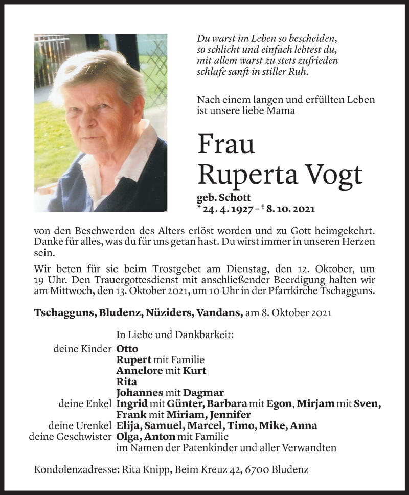  Todesanzeige für Ruperta Vogt vom 10.10.2021 aus Vorarlberger Nachrichten