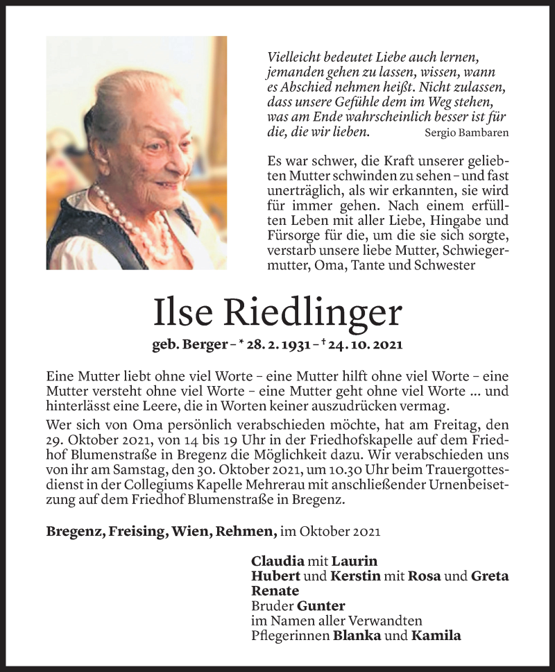  Todesanzeige für Ilse Riedlinger vom 27.10.2021 aus Vorarlberger Nachrichten