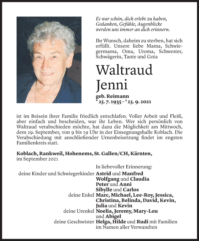  Todesanzeige für Waltraud Jenni vom 28.09.2021 aus Vorarlberger Nachrichten