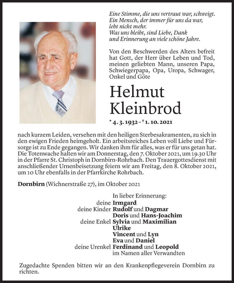  Todesanzeige für Helmut Kleinbrod vom 05.10.2021 aus Vorarlberger Nachrichten