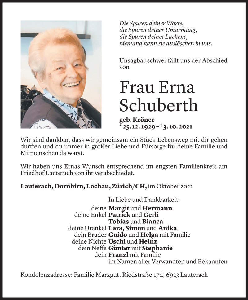 Todesanzeige für Erna Schuberth vom 09.10.2021 aus Vorarlberger Nachrichten