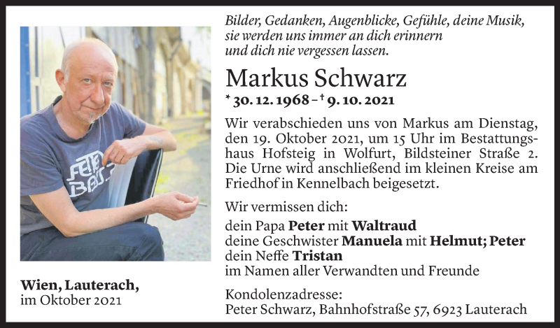  Todesanzeige für Markus Schwarz vom 15.10.2021 aus Vorarlberger Nachrichten
