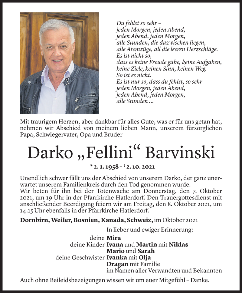  Todesanzeige für Darko Barvinski vom 05.10.2021 aus Vorarlberger Nachrichten