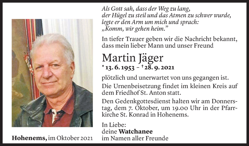  Todesanzeige für Martin Jäger vom 05.10.2021 aus Vorarlberger Nachrichten