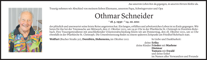  Todesanzeige für Othmar Schneider vom 24.10.2021 aus Vorarlberger Nachrichten