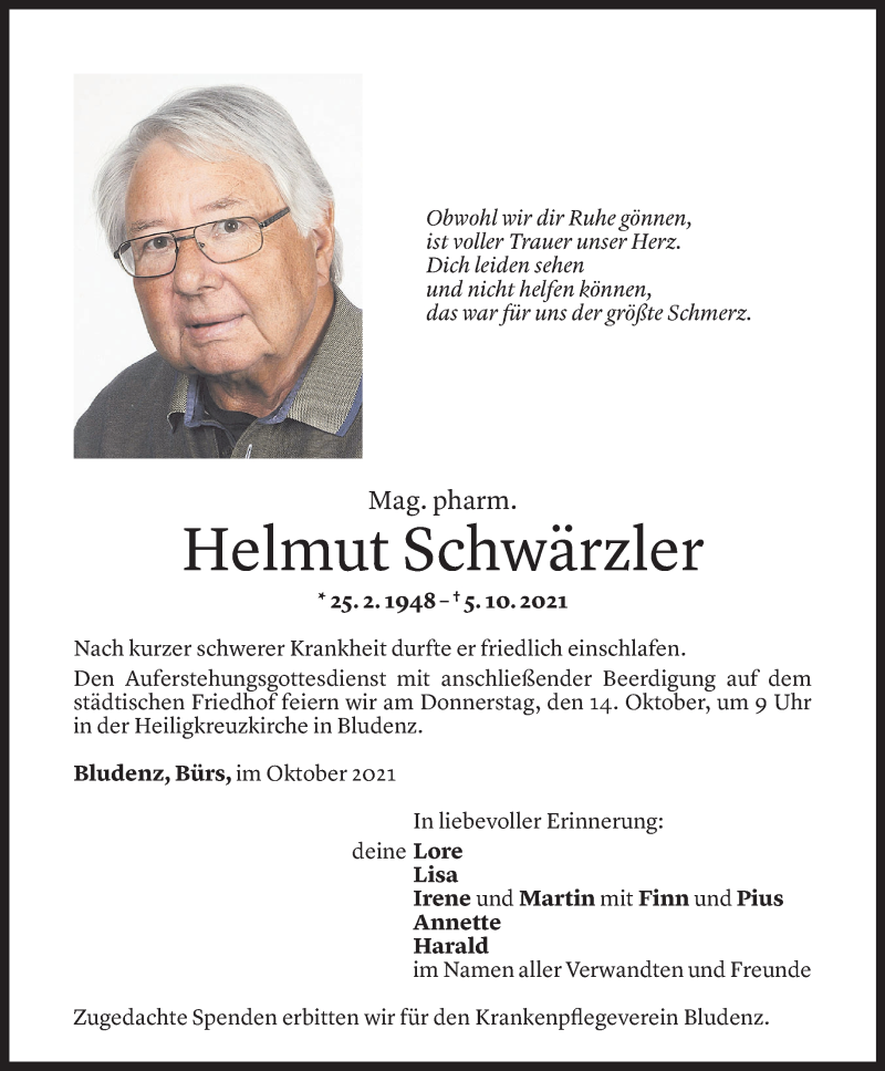  Todesanzeige für Helmut Schwärzler vom 09.10.2021 aus Vorarlberger Nachrichten