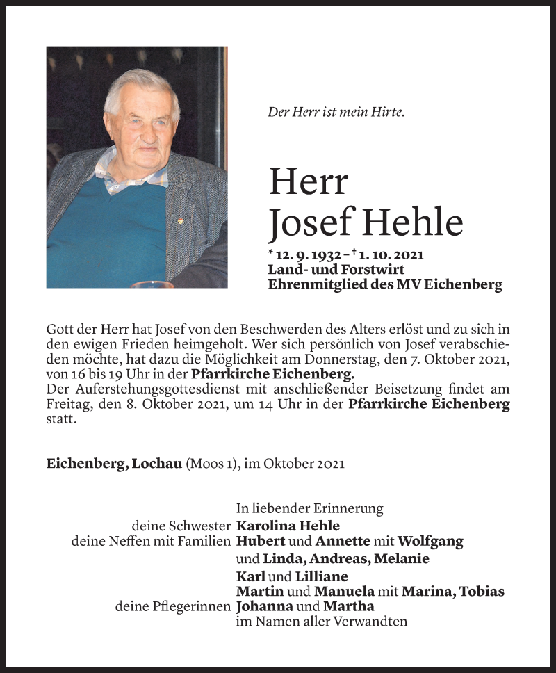  Todesanzeige für Josef Hehle vom 06.10.2021 aus Vorarlberger Nachrichten