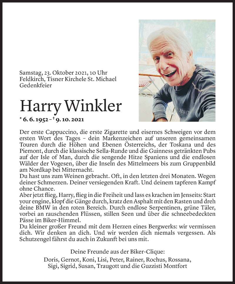 Todesanzeige für Harald Winkler vom 16.10.2021 aus Vorarlberger Nachrichten
