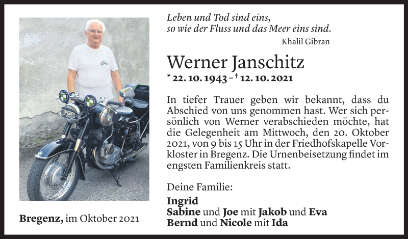  Todesanzeige für Werner Janschitz vom 15.10.2021 aus Vorarlberger Nachrichten