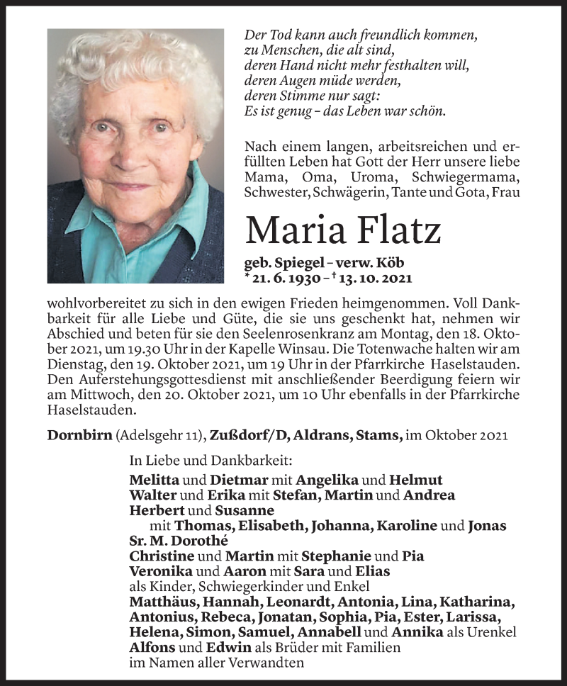  Todesanzeige für Maria Flatz vom 15.10.2021 aus Vorarlberger Nachrichten