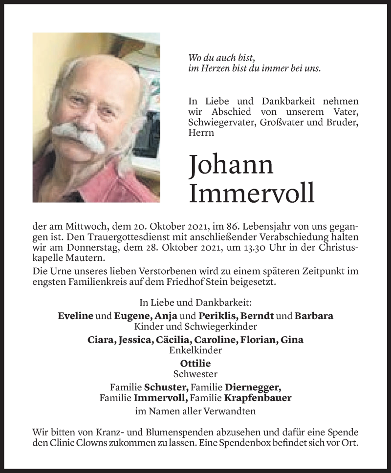  Todesanzeige für Johann Immervoll vom 24.10.2021 aus Vorarlberger Nachrichten