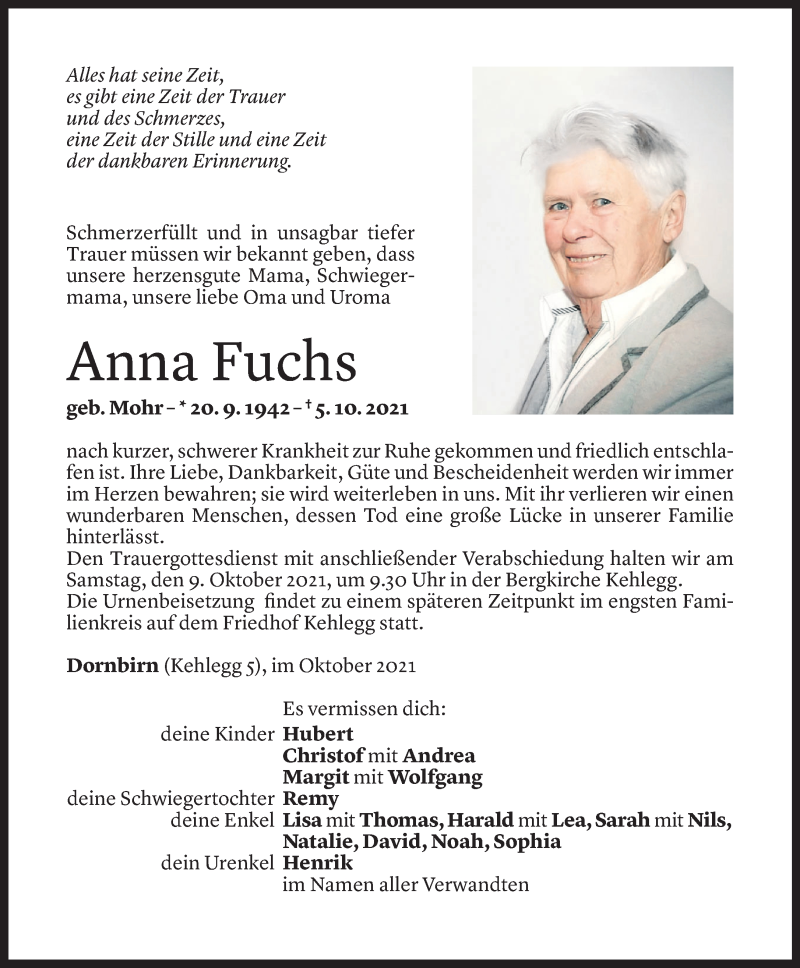  Todesanzeige für Anna Fuchs vom 06.10.2021 aus Vorarlberger Nachrichten