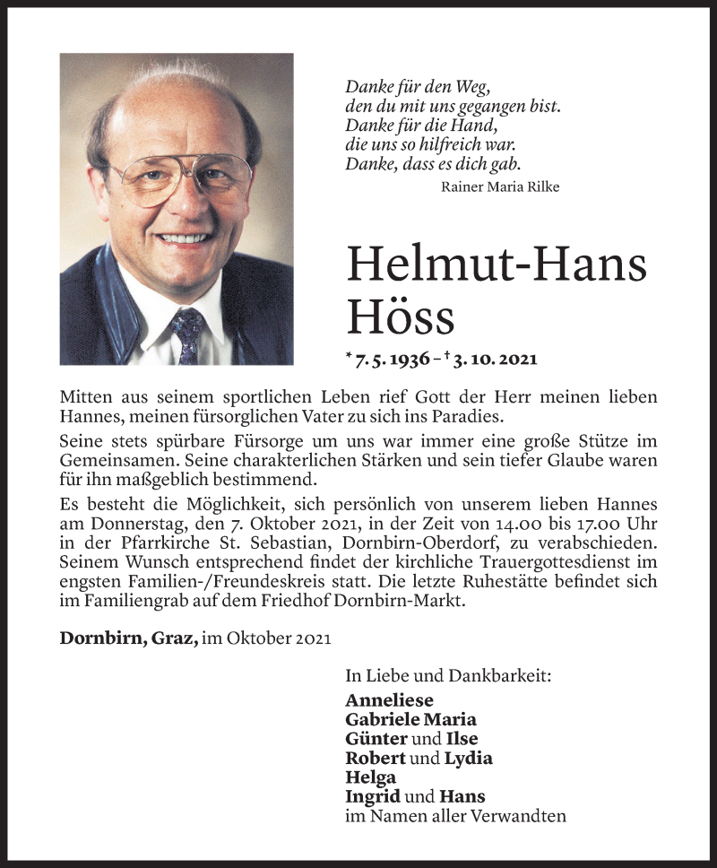  Todesanzeige für Helmut-Hans Höss vom 05.10.2021 aus Vorarlberger Nachrichten