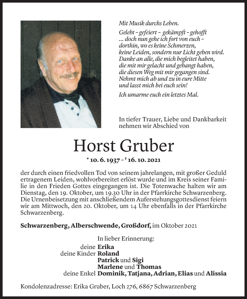 Todesanzeige für Horst Gruber vom 17.10.2021 aus Vorarlberger Nachrichten