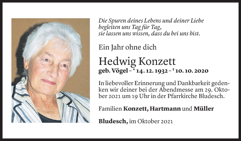  Todesanzeige für Hedwig Christina Konzett vom 26.10.2021 aus Vorarlberger Nachrichten