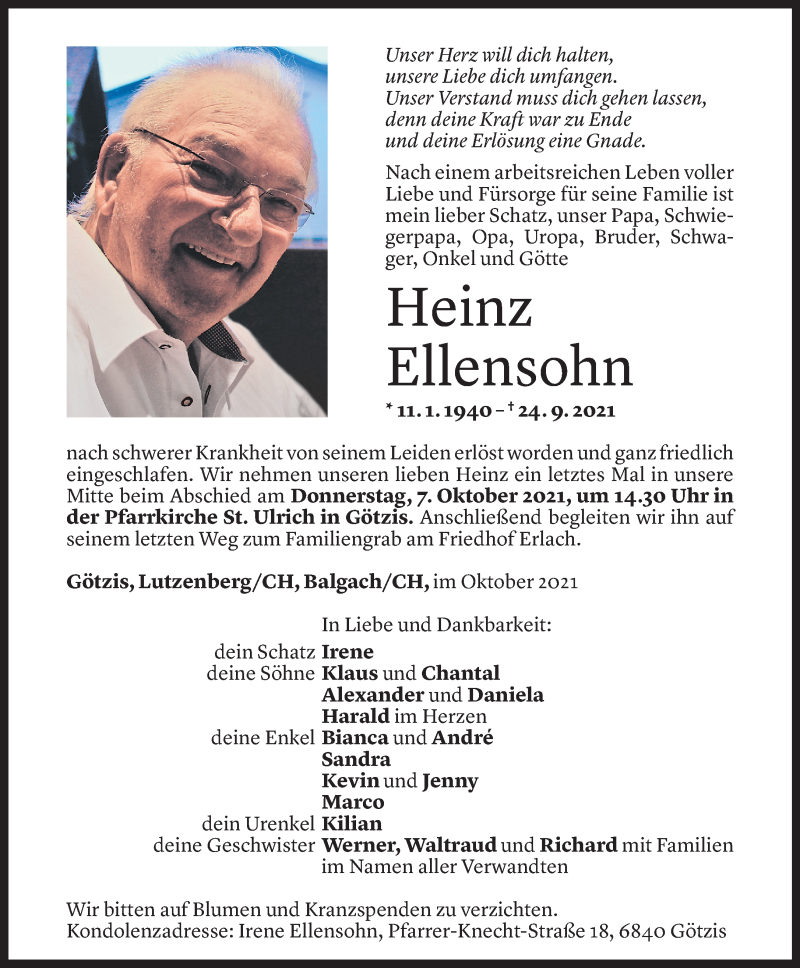  Todesanzeige für Heinz Ellensohn vom 03.10.2021 aus Vorarlberger Nachrichten