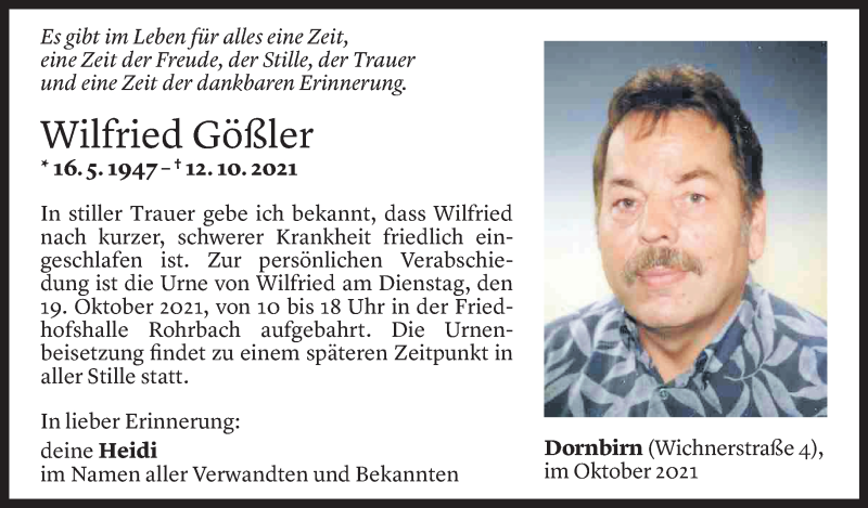  Todesanzeige für Wilfried Gößler vom 15.10.2021 aus Vorarlberger Nachrichten
