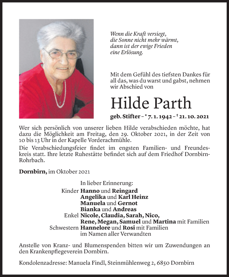  Todesanzeige für Hilde Parth vom 27.10.2021 aus Vorarlberger Nachrichten