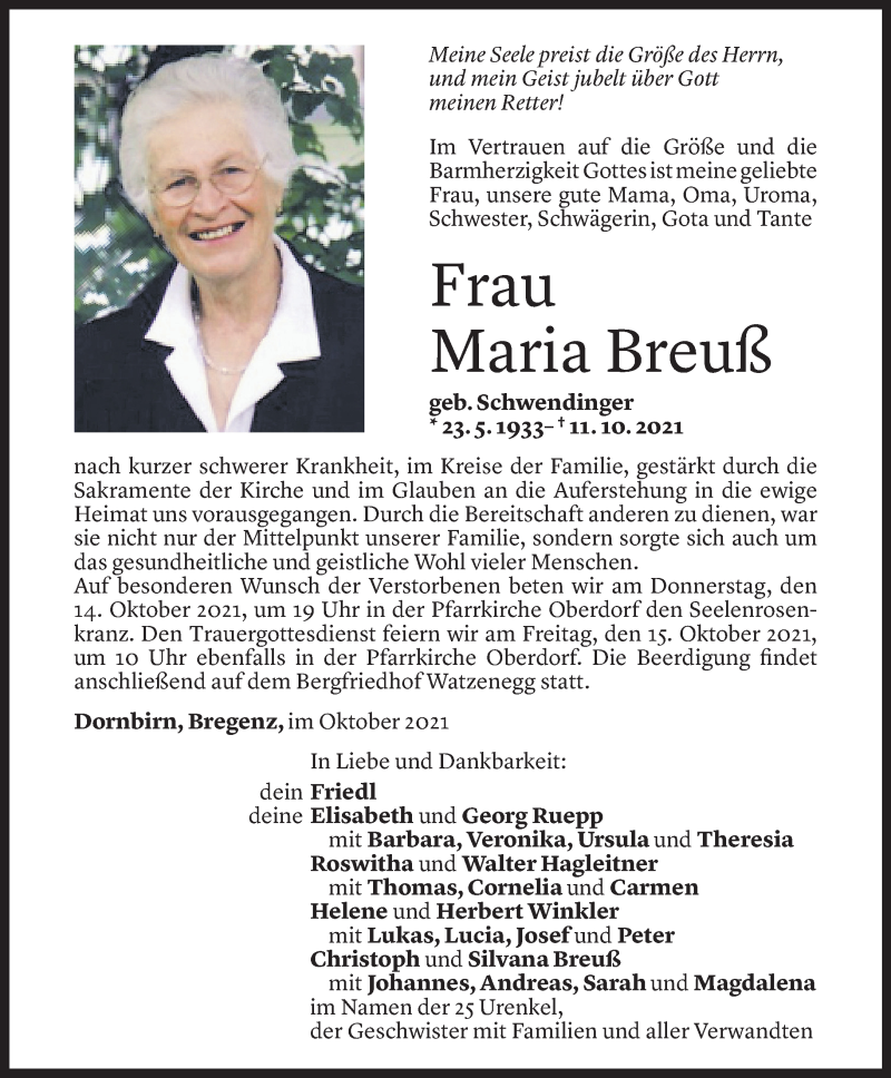  Todesanzeige für Maria Breuß vom 12.10.2021 aus Vorarlberger Nachrichten
