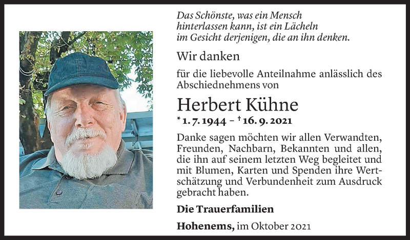  Todesanzeige für Herbert Kühne vom 18.10.2021 aus vorarlberger nachrichten