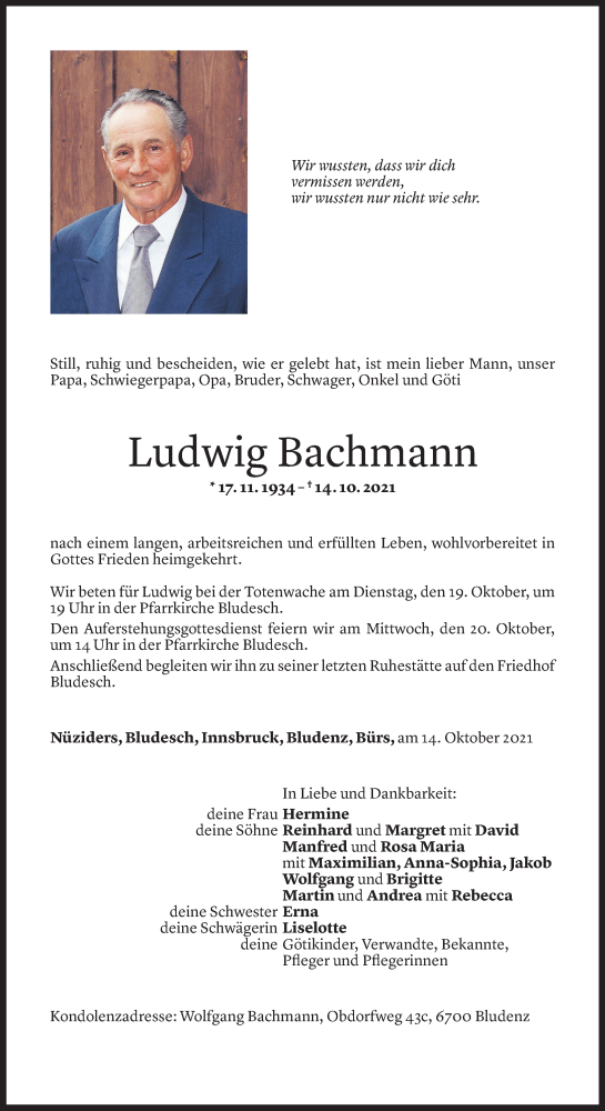  Todesanzeige für Ludwig Bachmann vom 15.10.2021 aus Vorarlberger Nachrichten