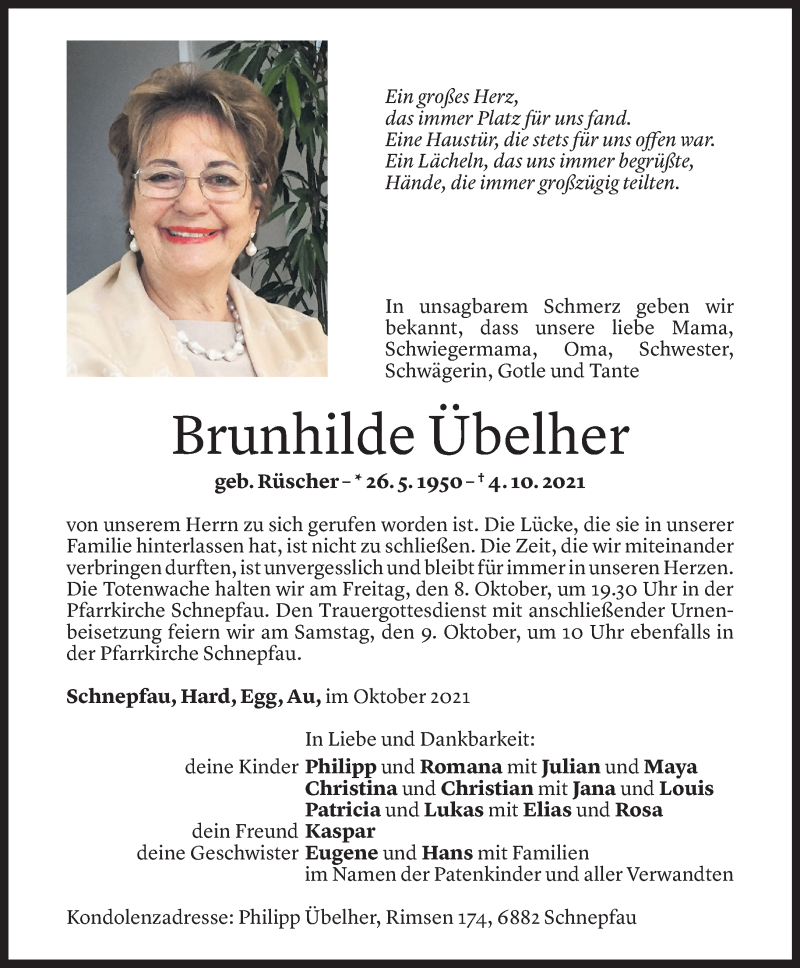  Todesanzeige für Brunhilde Übelher vom 06.10.2021 aus Vorarlberger Nachrichten