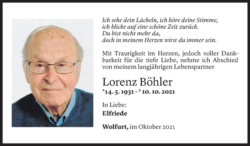  Todesanzeige für Lorenz Böhler vom 13.10.2021 aus Vorarlberger Nachrichten