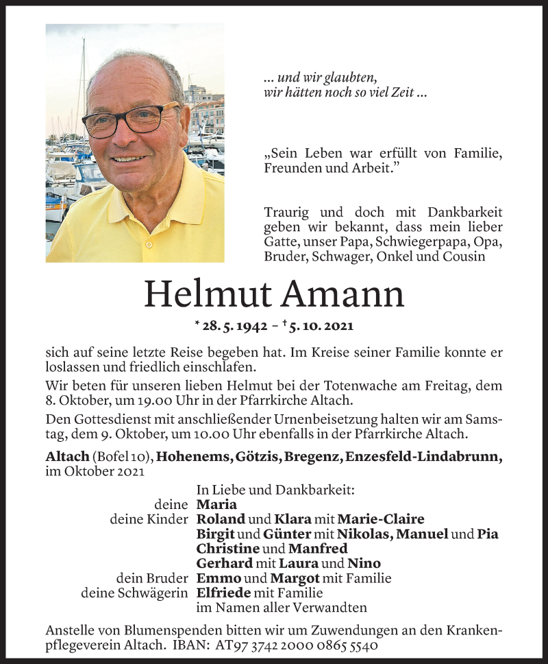  Todesanzeige für Helmut Amann vom 07.10.2021 aus Vorarlberger Nachrichten