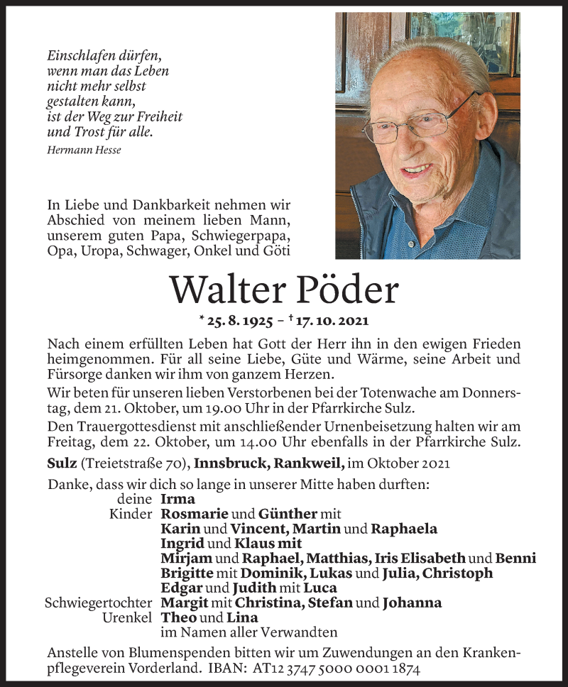  Todesanzeige für Walter Pöder vom 20.10.2021 aus Vorarlberger Nachrichten