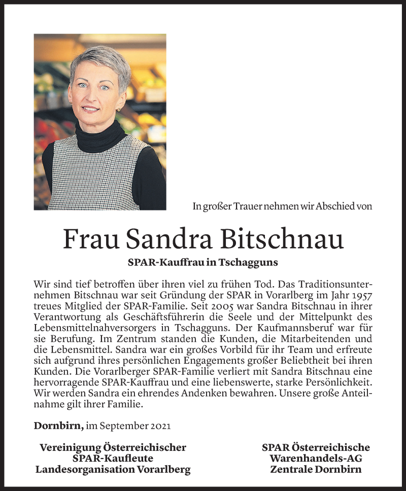  Todesanzeige für Sandra Bitschnau vom 02.10.2021 aus Vorarlberger Nachrichten