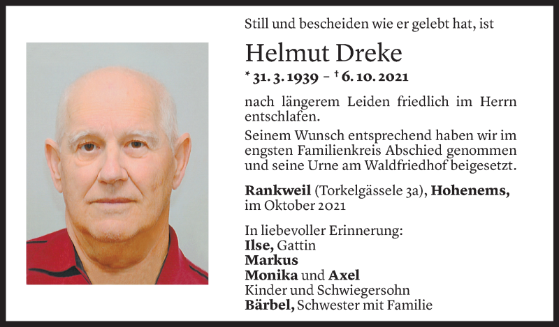  Todesanzeige für Helmut Dreke vom 13.10.2021 aus Vorarlberger Nachrichten
