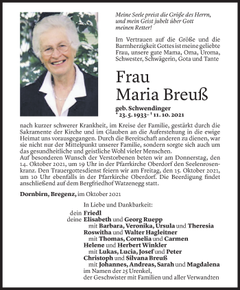 Todesanzeige von Maria Breuß von Vorarlberger Nachrichten