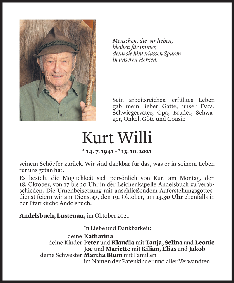  Todesanzeige für Kurt Willi vom 15.10.2021 aus Vorarlberger Nachrichten