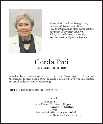 Todesanzeige von Gerda Frei von Vorarlberger Nachrichten