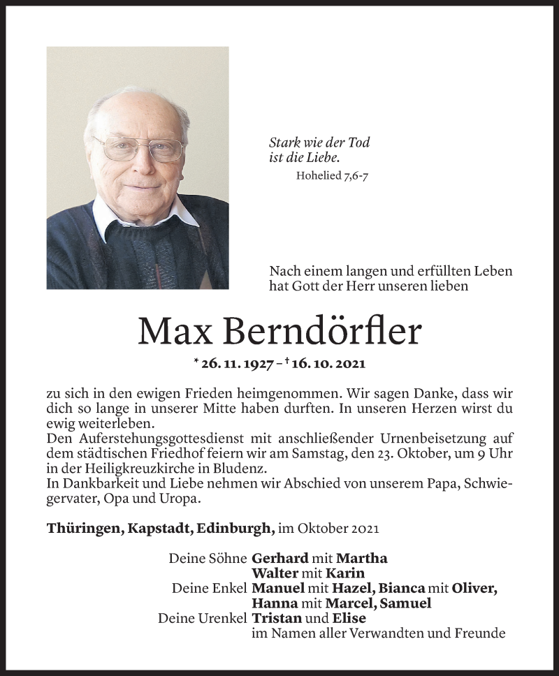  Todesanzeige für Max Berndörfler vom 20.10.2021 aus Vorarlberger Nachrichten